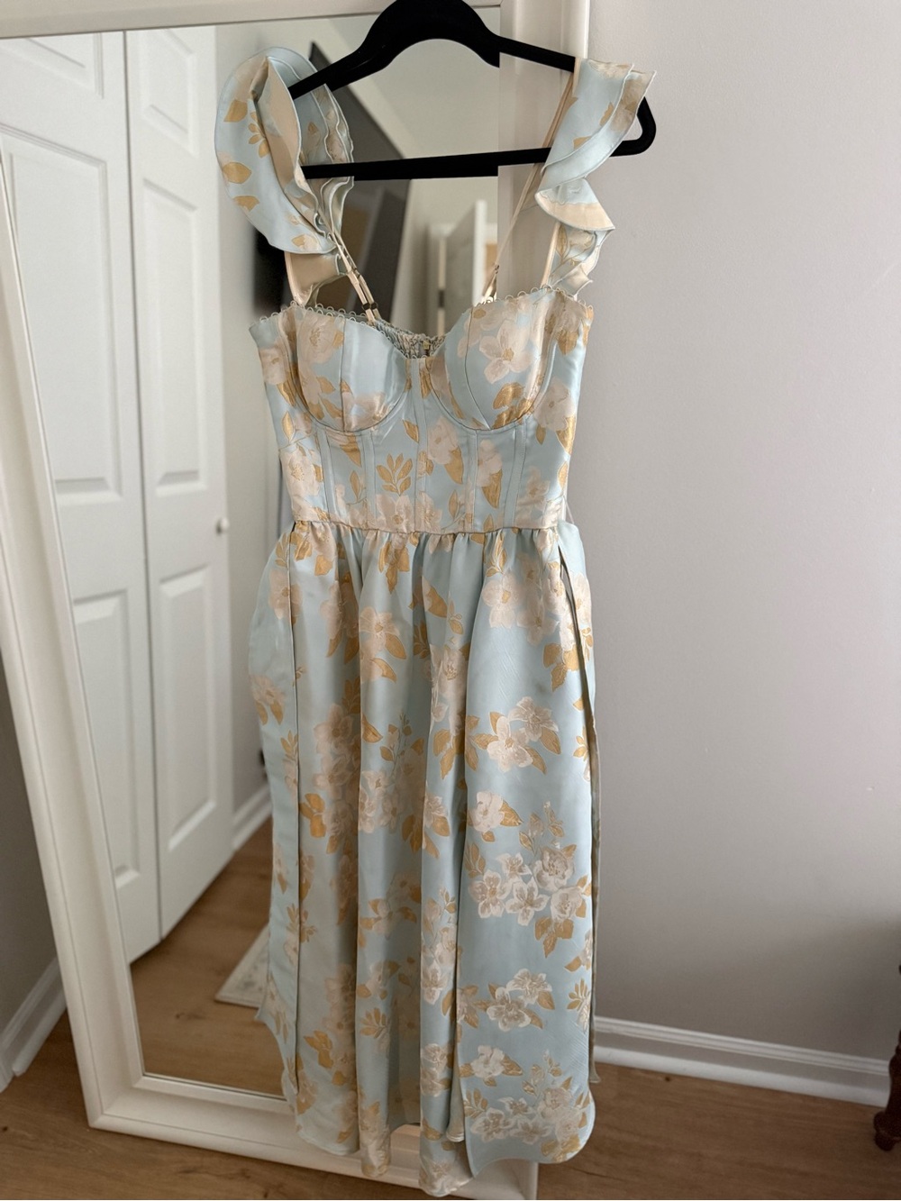 V. Chapman Vera Corset Midi Dress in Sky Windsor Brocade